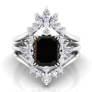 Natural Black Onyx Engagement Ring Set, Art deco 3Pcs Wedding Bridal Ring, Emerald Cut Black Stone Ring, Gift For Her, Marquise Moissanite image 10