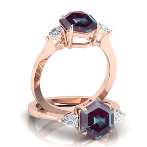 Unique Hexagon Shaped Alexandrite Engagement Ring For Her, Birthstone ring, Women&#39;s Jewelry, Beautiful Three Stone Ring, Love Proposal Ring