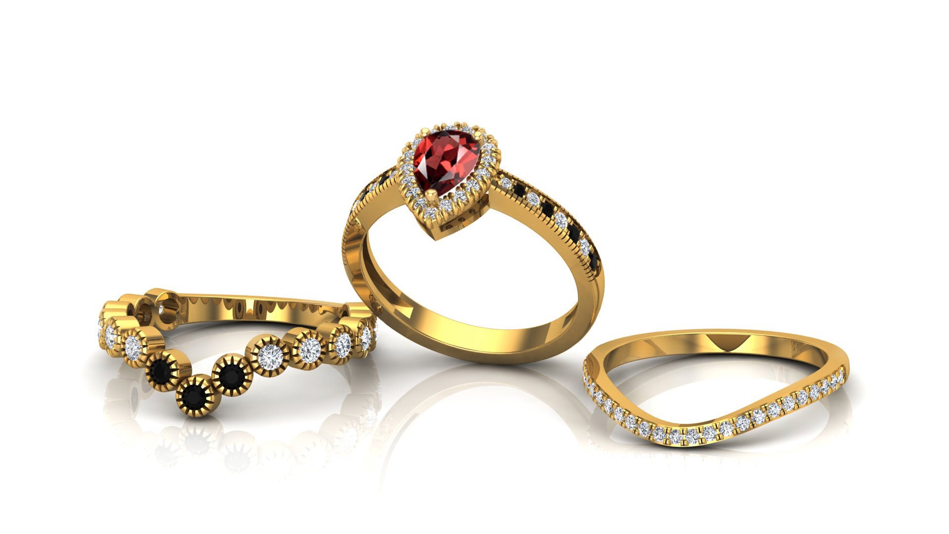 Adjustable Three-Stone Ring – Red Garnet, Moonstone & Chalcedony, Brass Gold Plated
