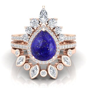 Lapis Lazuli Pear Engagement Ring Set, Antique Sterling Silver Pave Halo (10x8mm)