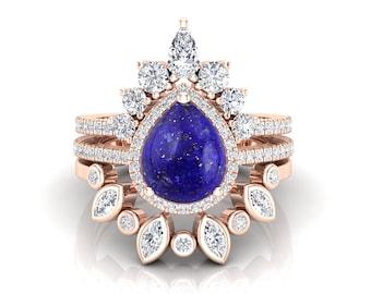 Cabochon Natural Lapis Lazuli Engagement Ring Set, Antique 3Pcs Wedding Ring Set For Bride, Vintage Halo Ring, Pave Ring, Gift For Birthday