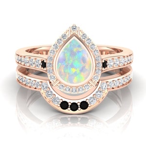 925 Silber 14K Rosegold Pear Opal Ring Set Verlobungsring Set Ehering Set Brautring Set Geburtstagsgeschenk Jahrestagsgeschenk