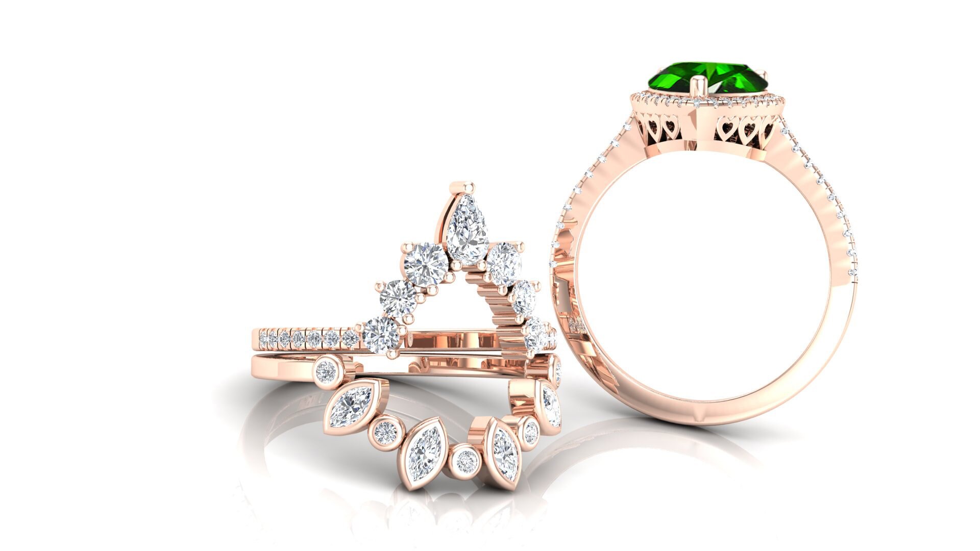 ペア 10 x 8 mm ラボ育成クロムダイオプサイド婚約指輪セット、女性用