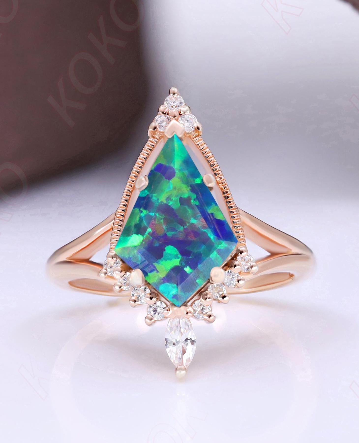 Beautiful Kite Shape Peacock Opal 14K Rose Gold Wedding Bridal Engagement Ring Art Deco 925 Silver Solitaire Women Birthday Promise Gift