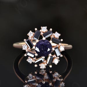 Round blue sandstone gemstone dainty ring 14k rose gold 925 silver ring statement ring promise ring birthday gift anniversary gift