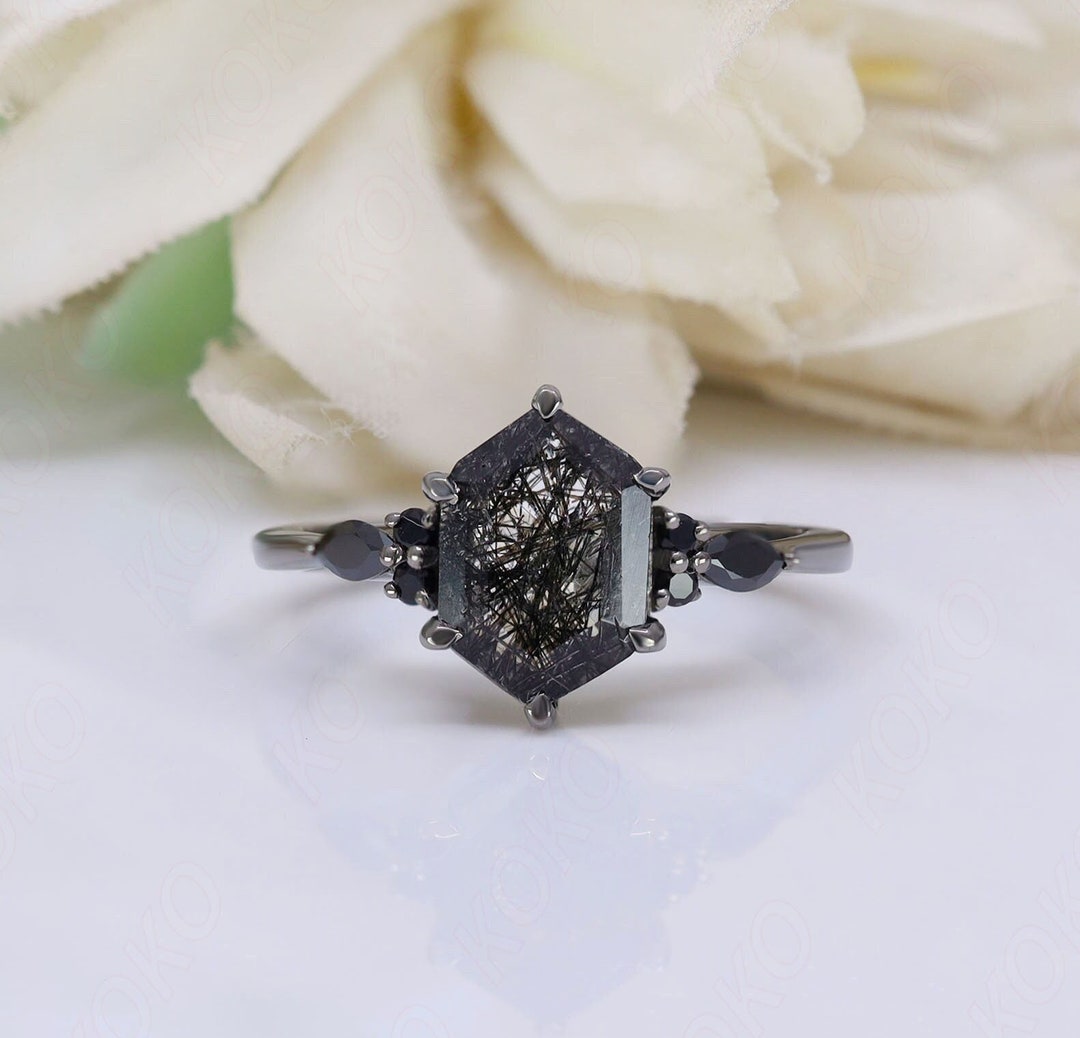 Gifts for Birthday Hexagon Black Rutile Quartz Ring, 925 Black Rhodium ...