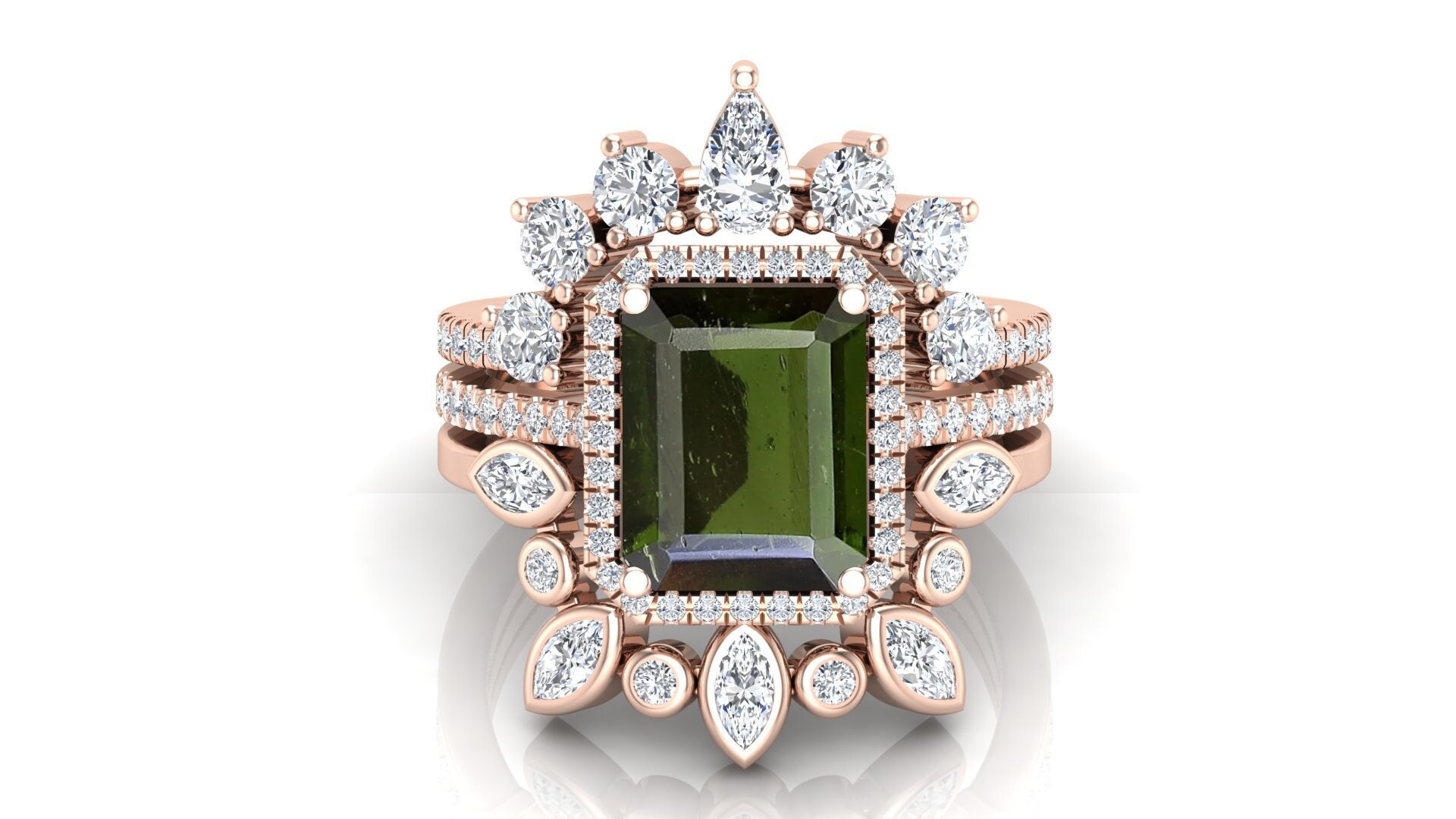 Emerald Cut Moldavite Engagement Ring set for Woman, Vintage Art deco Moldavite Wedding Ring set for Love, Moissanite Halo Ring set for her