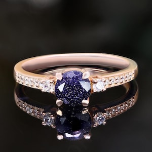 Round blue sandstone gemstone engagement ring 14k rose gold 925 silver ring statement ring promise ring birthday gift anniversary gift