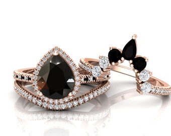 Beautiful Black Proposal Ring Set, Vintage Art deco Pear 10x8mm Natural Black Onyx Wedding Bridal Ring Set, Halo 3Pcs Ring, Pave Set Ring..