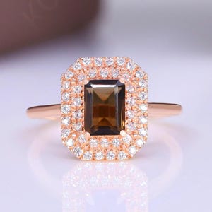 Octagon Smokey Quartz Gemstone Engagement Bridal Ring 14k Rose Gold 925 Silver Statement Halo Rings Birthday Proposal Gift Wedding Ring