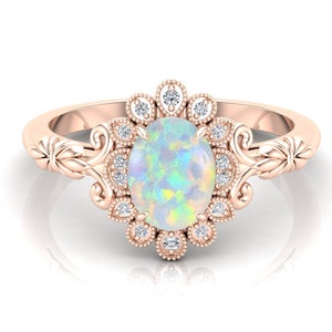 925 Silver 14K Rose Gold Oval Opal Ring Wedding Ring Engagement Ring Bridal Ring Art Deco Ring Promise Ring Birthday Anniversary Gift