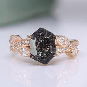 Hexagon Natural Black Rutile 14k Rose Gold Silver Statement Ring Beautiful Art Deco Wedding Bridal Anniversary Rings  Engagement Rings