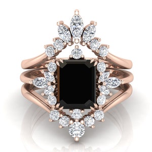 Natural Black Onyx Engagement Ring Set, Art deco 3Pcs Wedding Bridal Ring, Emerald Cut Black Stone Ring, Gift For Her, Marquise Moissanite image 8