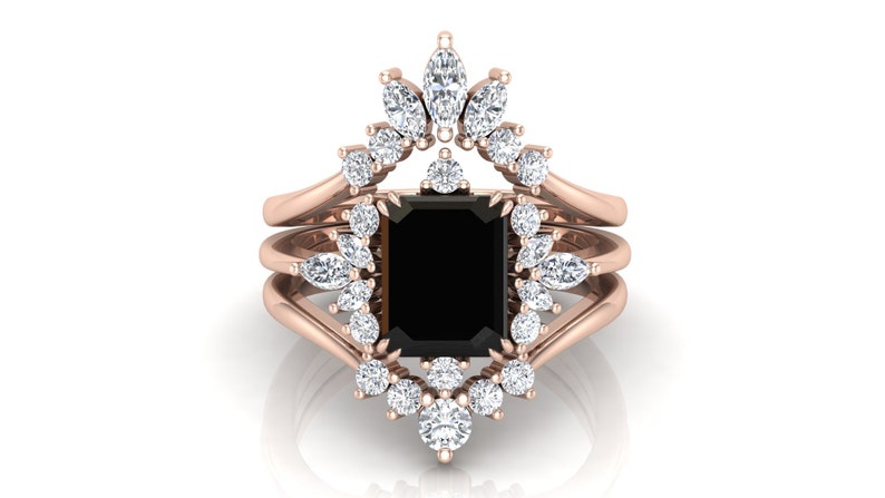 Natural Black Onyx Engagement Ring Set, Art deco 3Pcs Wedding Bridal Ring, Emerald Cut Black Stone Ring, Gift For Her, Marquise Moissanite image 8