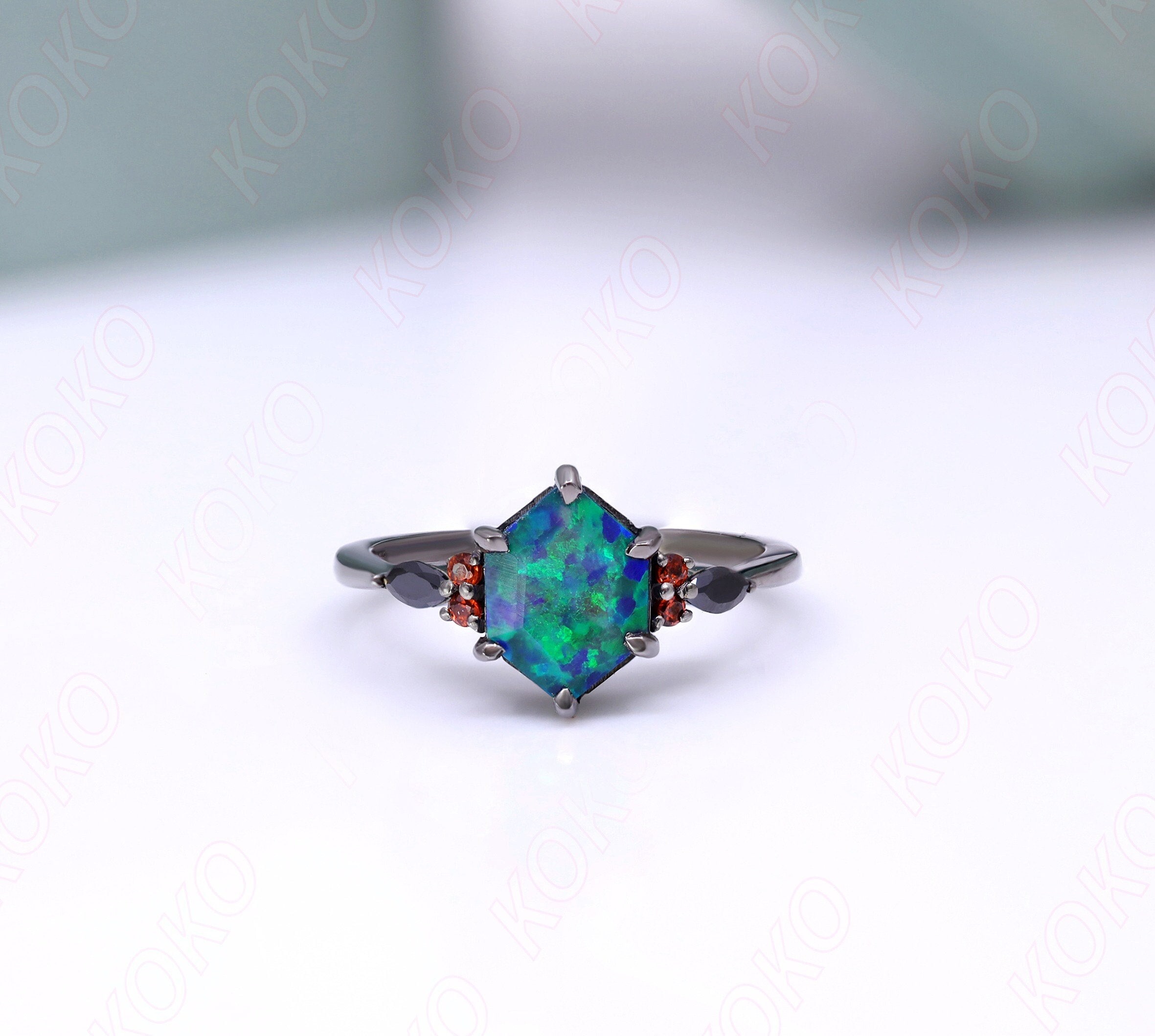 Hexagon Blue & Green Fire Opal Gemstone Anniversary Bridal Ring Beautiful 925 Black Rhodium Engagement Art Deco Women Promise Birthday Gift
