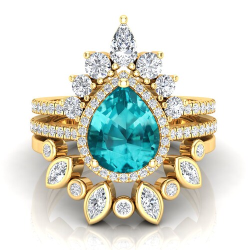 Pear 10x8mm Lab Grown Paraiba Tourmaline Engagement Ring Set, Antique 3Pcs Wedding Ring shops Set For her, Vintage Halo Ring, Teardrop Stone Ring