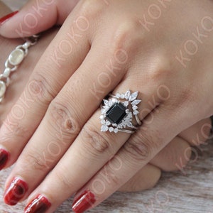 Natural Black Onyx Engagement Ring Set, Art deco 3Pcs Wedding Bridal Ring, Emerald Cut Black Stone Ring, Gift For Her, Marquise Moissanite image 4