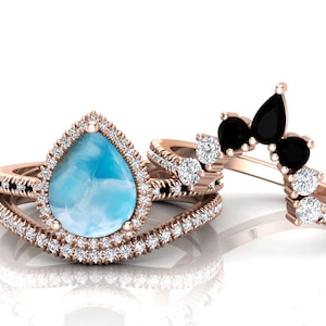3PCS Wedding Ring Set, Cab Stone Pear 10x8mm Vintage Natural Larimar Anniversary Ring Set, Crown Ring, Art deco Halo Promise Ring, Pave Ring