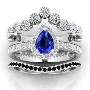 Pear 7x5mm Vintage Blue Sapphire Engagement Ring, Beautiful Teardrop Blue Stone Ring Set, Crwon Ring, 3PCS Women&#39;s Halo Promise Ring Set..