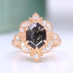 Hexagon Natural Black Rutile 14k Rose Gold Silver Statement Ring Beautiful Art Deco Wedding Bridal Anniversary Rings  Engagement Rings