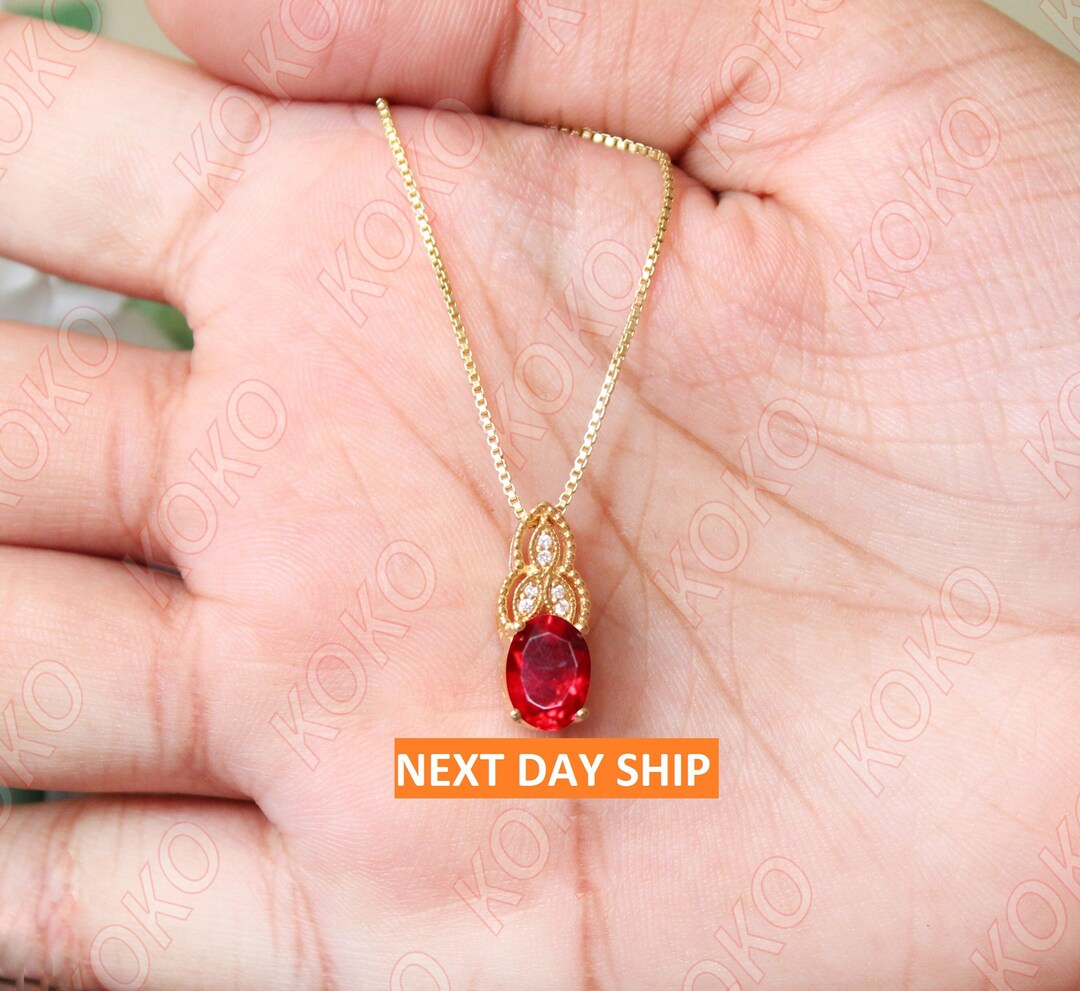 Red Ruby Wedding Necklace With 18 Inch Box Chain, Yellow Gold Vermeil ...