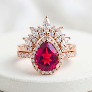 Pear Shape Ruby Engagement Ring, Vintage Art Deco Rose Gold Vermeil