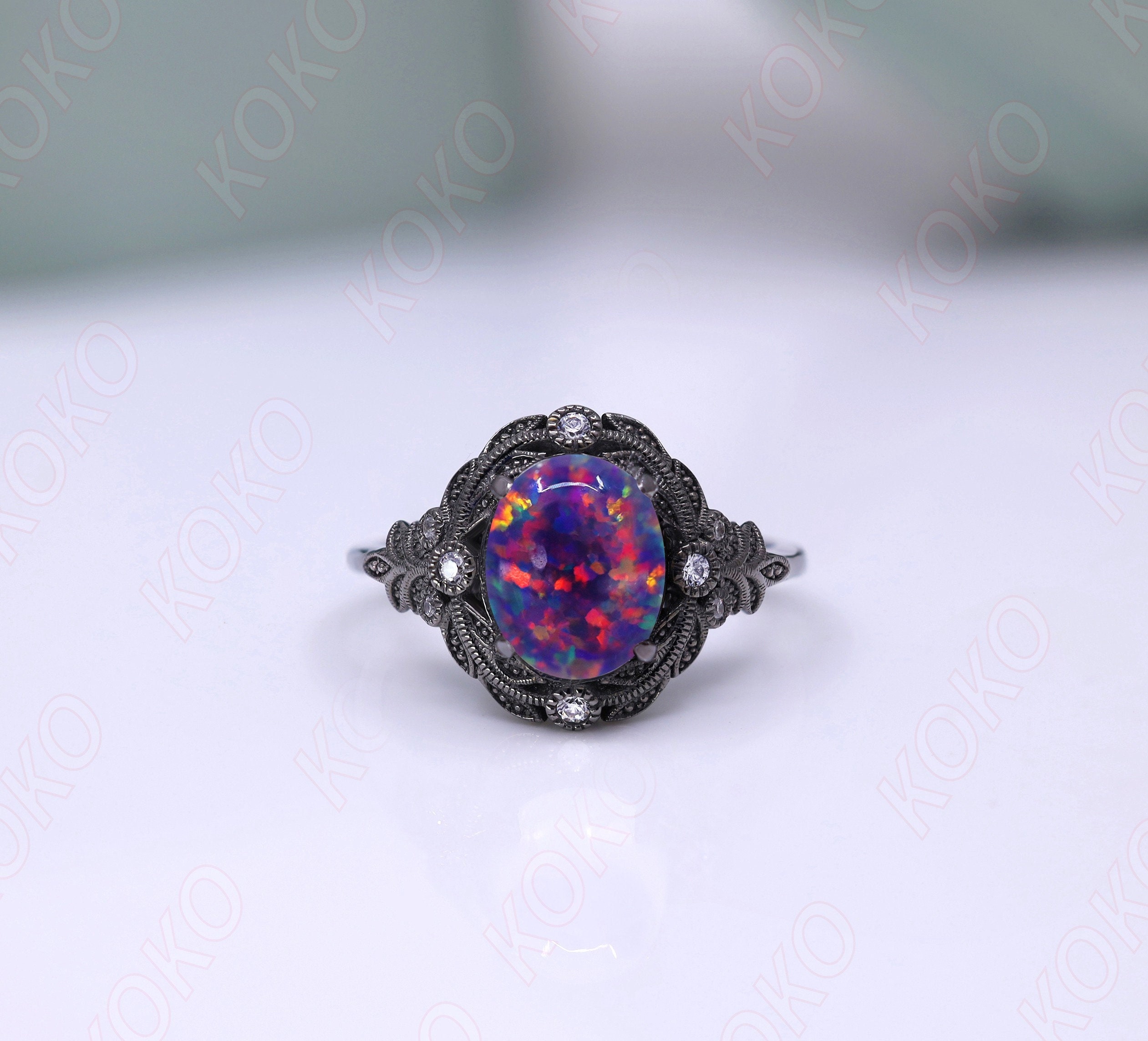Oval Black Opal Edelstein Jahrestag Brautring Feuer Aurora Opal Ring 925 Silber Schwarz Rhodium Verlobungsring Frauen Versprechen Geburtstagsgeschenk