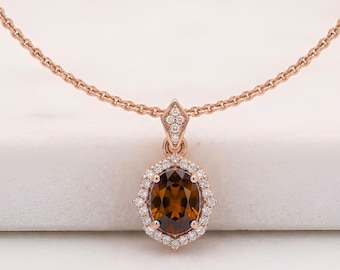 Collana con pendente ovale in quarzo fumé, argento sterling placcato oro rosa 14 carati, collana con pietra preziosa dai toni terrosi
