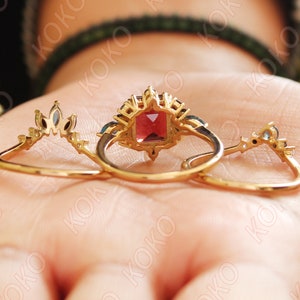 Ensemble de bagues de fiançailles grenat rouge naturel, 3 pièces de bague de mariage art déco, bague grenat taille émeraude, cadeau pour elle, bague de naissance de janvier image 9