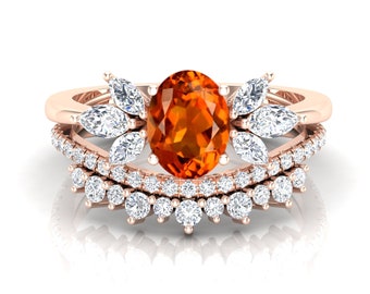 Ovale 8x6mm Madeira Citrien natuurlijke edelsteen verlovingsring set, oranje edelsteen ring, Art Deco kant Marquise Moissanite ring, cadeau voor vrouw