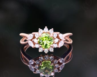Ronde peridot 14K roségoud 925 zilveren halo verlovingsring belofte ring statement ring art deco verjaardagsring verjaardag afstudeercadeau