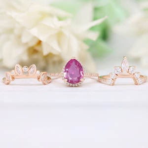Conjunto de anéis de noivado de safira rosa cultivada em laboratório de 10 x 8 mm, conjunto de anéis de noivado antigos de 3 peças para noiva, conjunto de anéis de halo vintage, presente para ela