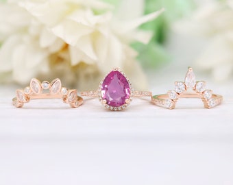 Pear 10x8mm Lab Grown Pink Sapphire Engagement Ring Set, Antique 3Pcs Wedding Bridal Ring Set For Bride, Vintage Halo Ring Set, Gift For Her