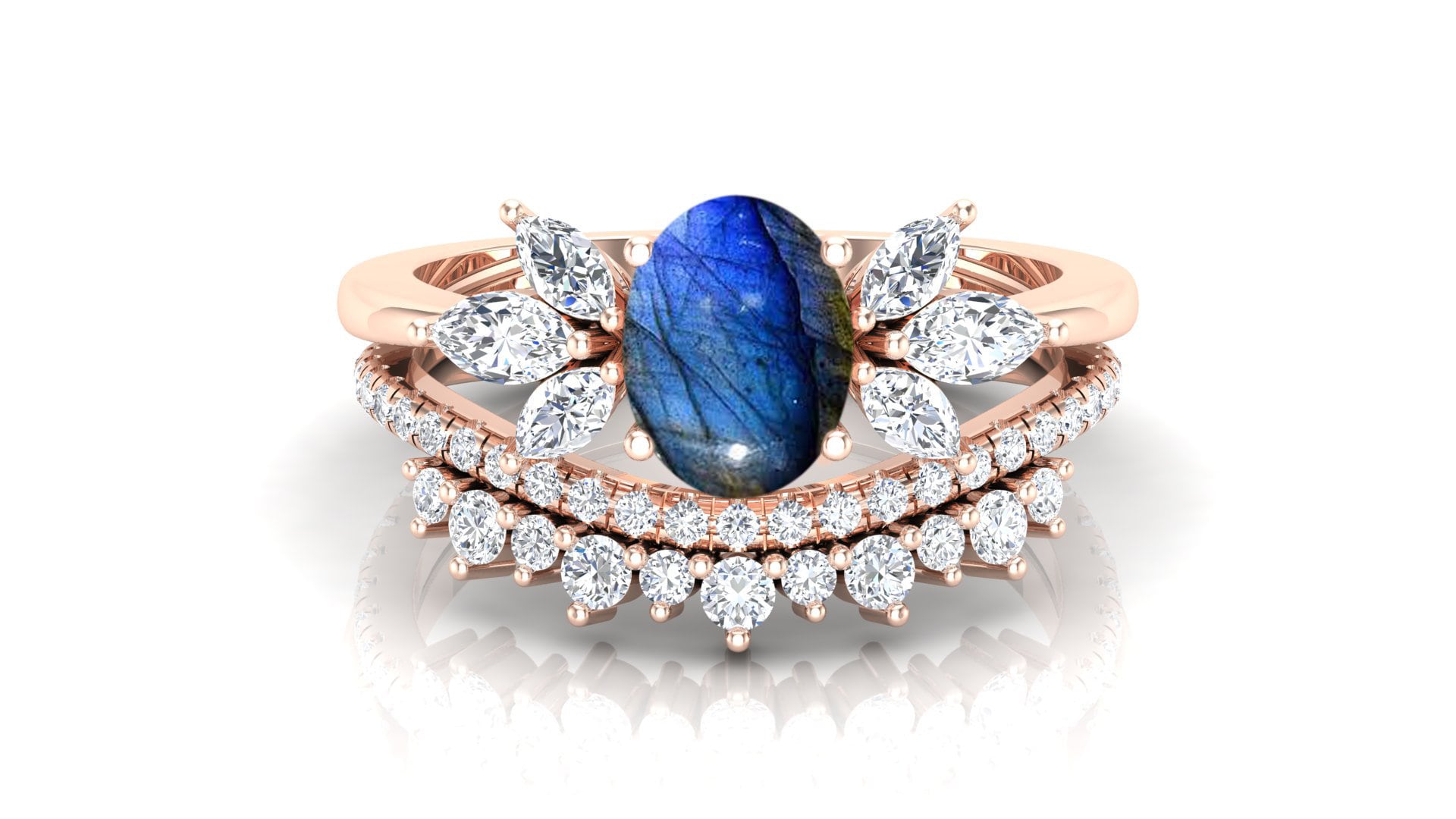 Blue Fire AAA Oval Cab Natural Labradorite Ring Set,  Anniversary Ring Set For Wife , Art deco Side Marquise Moissanite Ring, Gift For Women