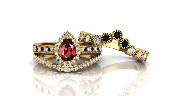 Red Garnet, Moonstone & Chalcedony Adjustable Ring - Handmade Brass Gold Plated Three Stone Jewelry