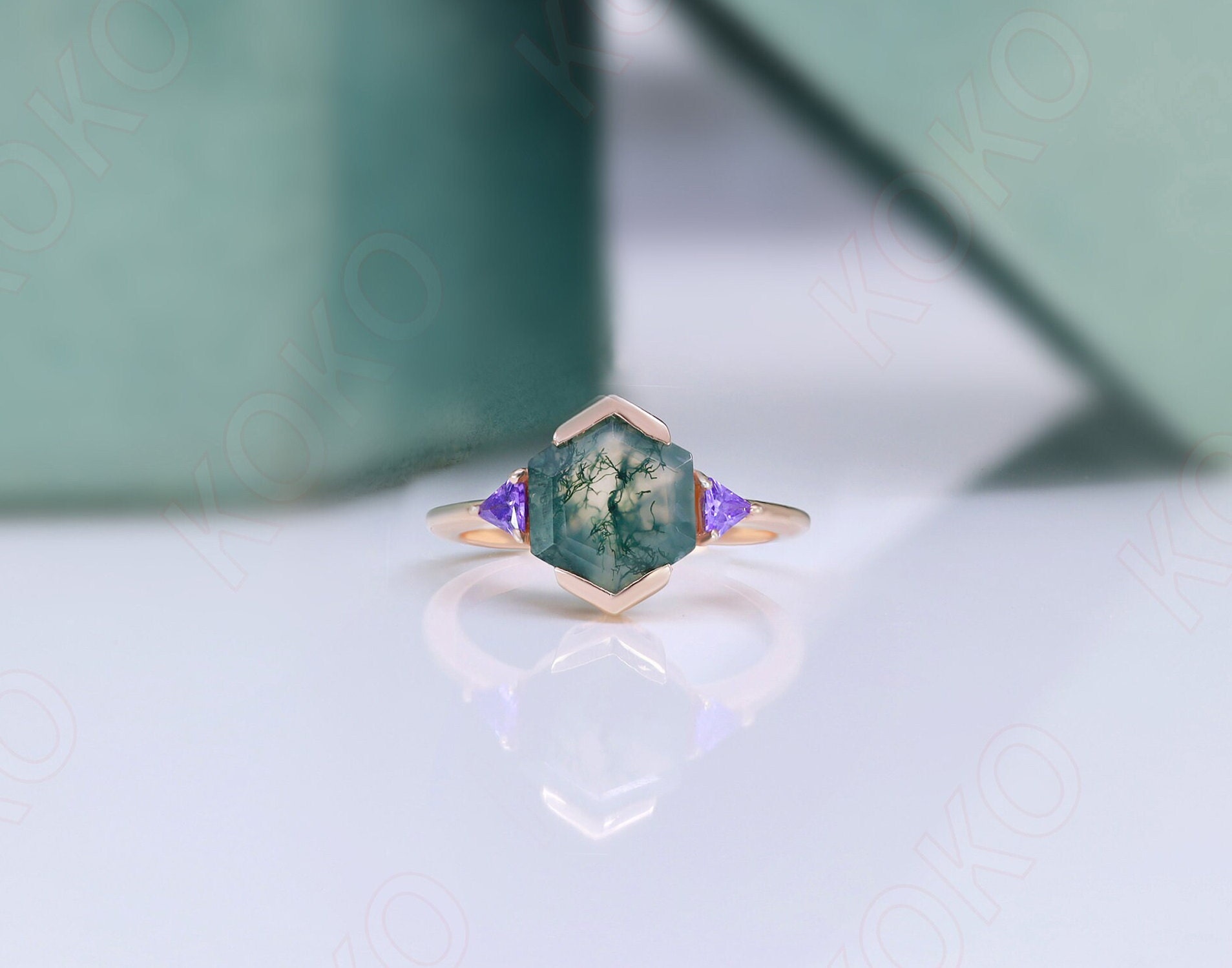 六角形 8 x 8 mm 天然モスアゲート宝石婚約指輪、結婚指輪、模造