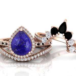 Lapis Lazuli Ring Set, Vintage Natural Cab Stone Lapis-Lazuli Engagement Ring, Crwon Ring, 3PCS Art deco Halo Promise Ring Set,Pave Set Ring