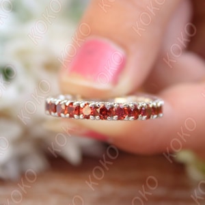 3x3mm round natural red garnet promise ring , engagement ring ,full eternity ring band , round garnet ring ,wedding ring m anniversary giftt