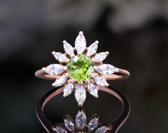 Ronde peridot 14K roségoud 925 zilveren halo verlovingsring belofte ring statement ring art deco verjaardagsring verjaardag afstudeercadeau