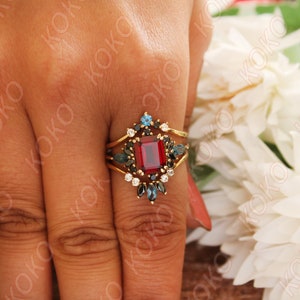 Ensemble de bagues de fiançailles grenat rouge naturel, 3 pièces de bague de mariage art déco, bague grenat taille émeraude, cadeau pour elle, bague de naissance de janvier image 3