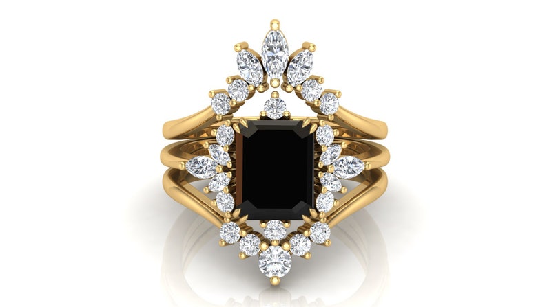 Natural Black Onyx Engagement Ring Set, Art deco 3Pcs Wedding Bridal Ring, Emerald Cut Black Stone Ring, Gift For Her, Marquise Moissanite image 9