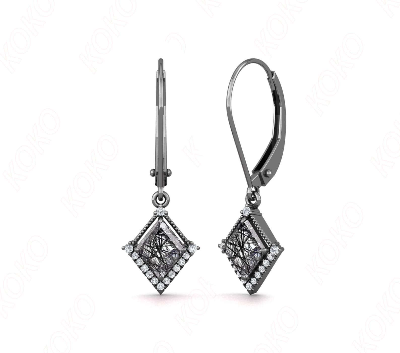 Side view of gothic quartz kite earrings in black rhodium with lever back closure