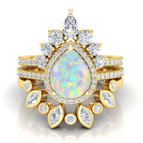 Opal Wedding Ring Set, Pear 10x8mm Natural Opal, Marquise Moissanite, 14k Rose Gold Vermeil