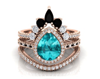 Beautiful Lab Grown Paraiba Tourmaline Wedding Bridal Ring Set, Antique 3Pcs Engagement Ring, Birthstone Ring, Halo Pave Set Promise Ring.