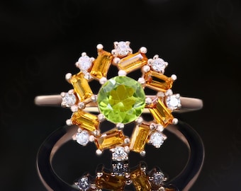 Ronde peridot 14K roségoud 925 zilveren halo verlovingsring belofte ring statement ring art deco verjaardagsring verjaardag afstudeercadeau