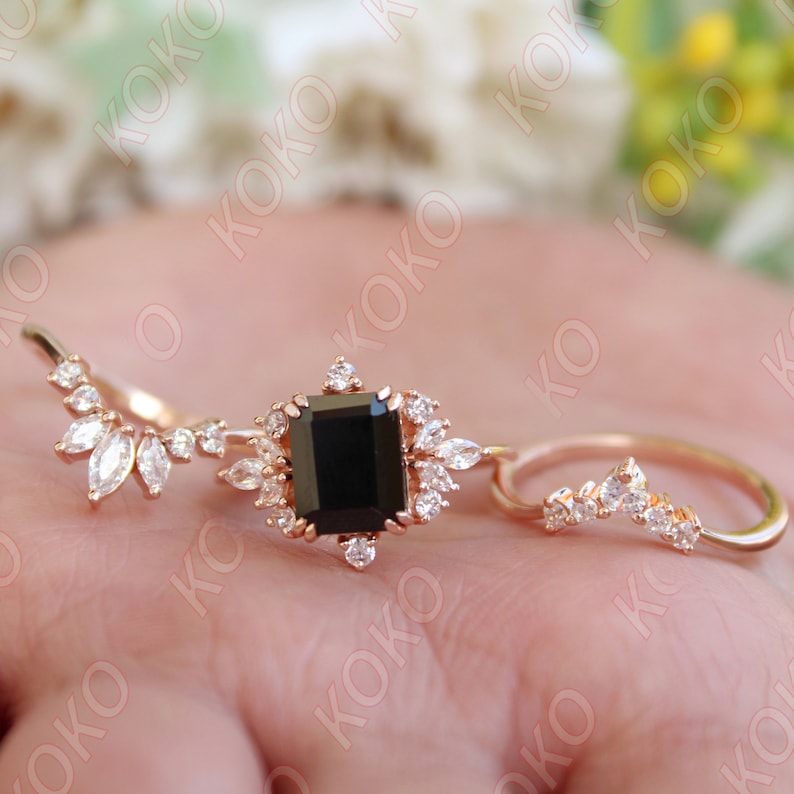 Natural Black Onyx Engagement Ring Set, Art deco 3Pcs Wedding Bridal Ring, Emerald Cut Black Stone Ring, Gift For Her, Marquise Moissanite image 5