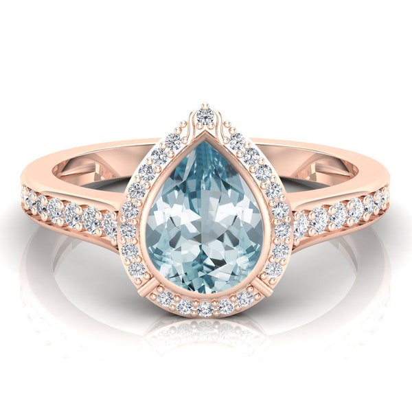 Pear 8x6mm Aquamarine Gemstone Engagement Ring, Halo Anniversary Wedding Ring, Beautiful Aqua Teardrop Women's Ring, Antique Bezel Set Ring,