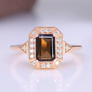 Octagon Smokey Quartz Gemstone Engagement Bridal Ring 14k Rose Gold 925 Silver Statement Dainty Rings Birthday Proposal Gift Solitaire Ring