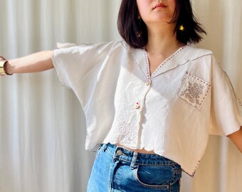 RESERVED - A piece of Passion - Repurpose Embroidered linen Napkins turns Summer Cropped Shirt