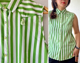 Jaren '80 Restyle Mouwloze Gestreepte Zijden Blouse - XS/S/M - Minimalistische Top jongensachtige look